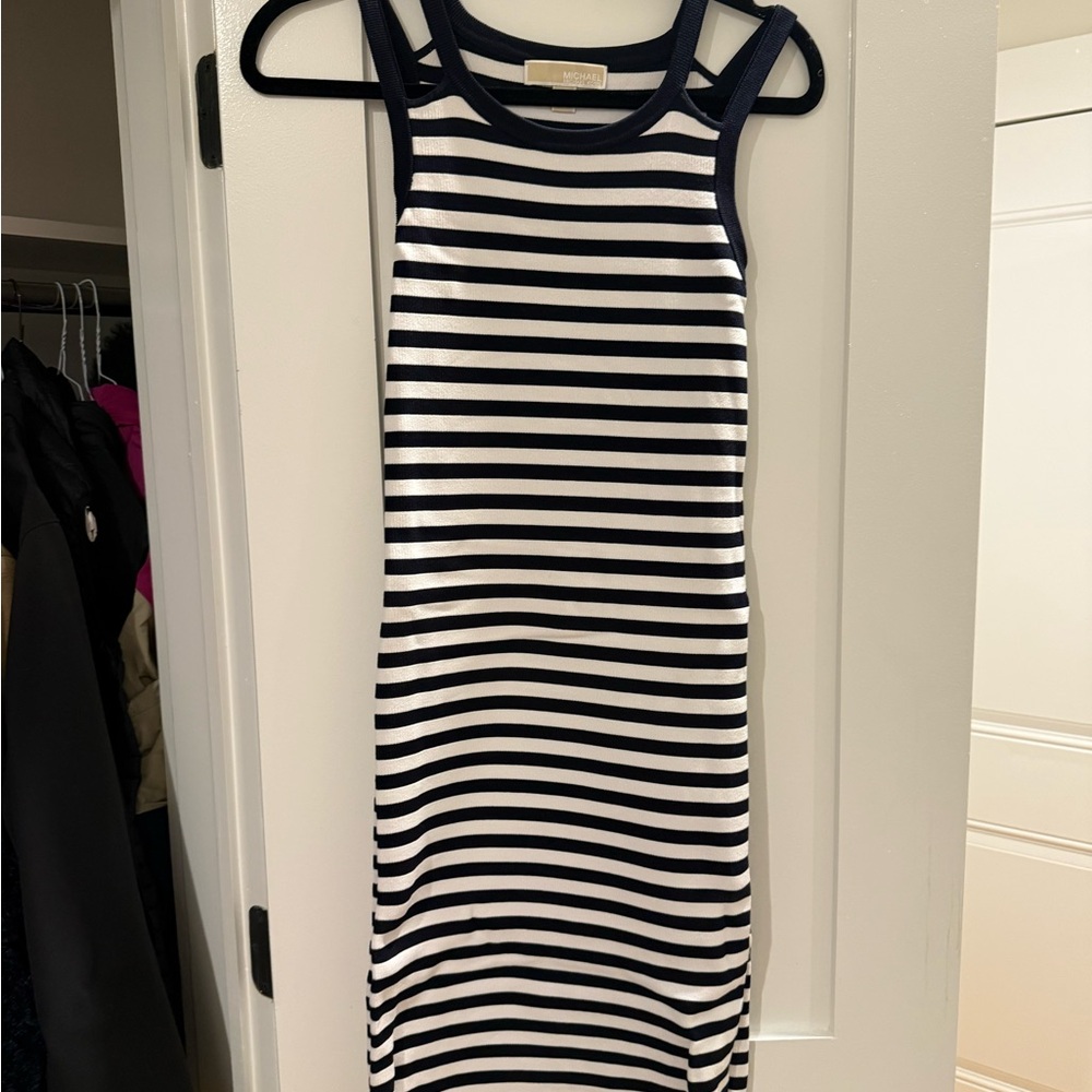 Michael Kors Navy and White Striped Midi Dress
